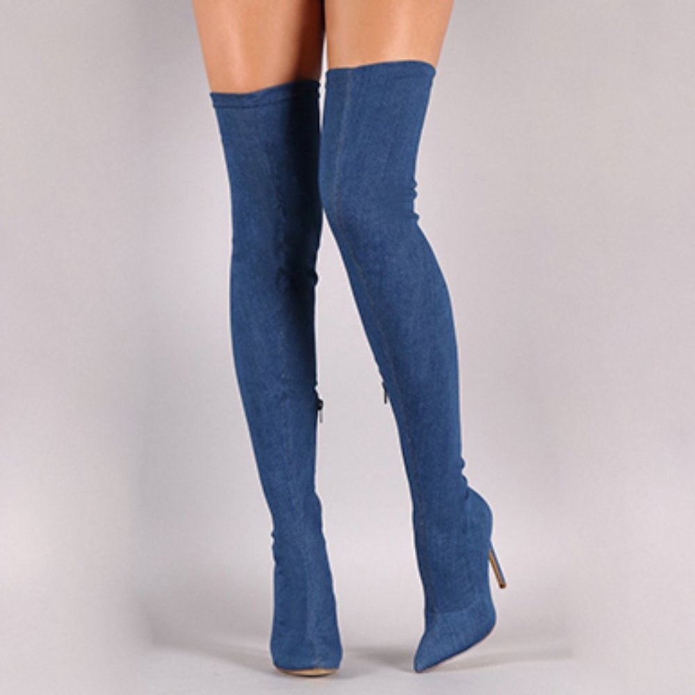 NEW!! HIGHEST HEEL Ink Blue Faux Suede Thigh High Metal Heel Boots 9M